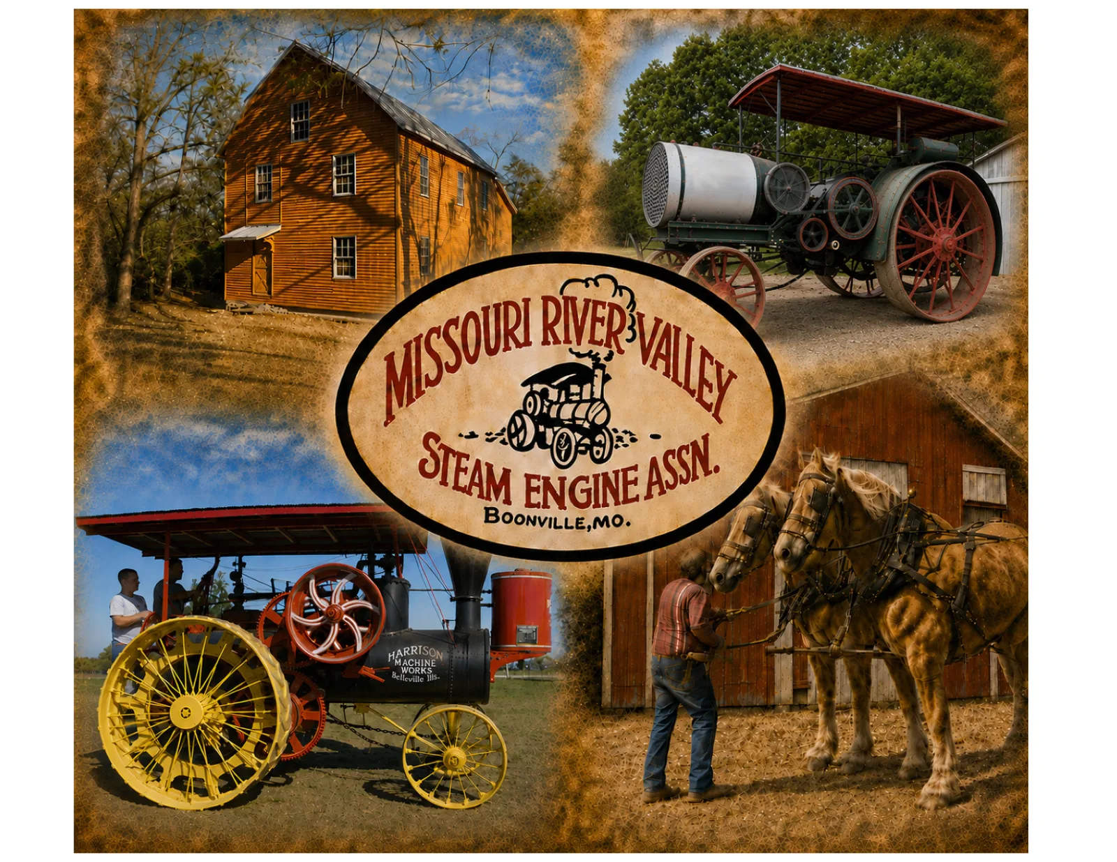 Missouri River Valley Steam Engine Association collage — steam engines, draft horses, and the historic grist mill